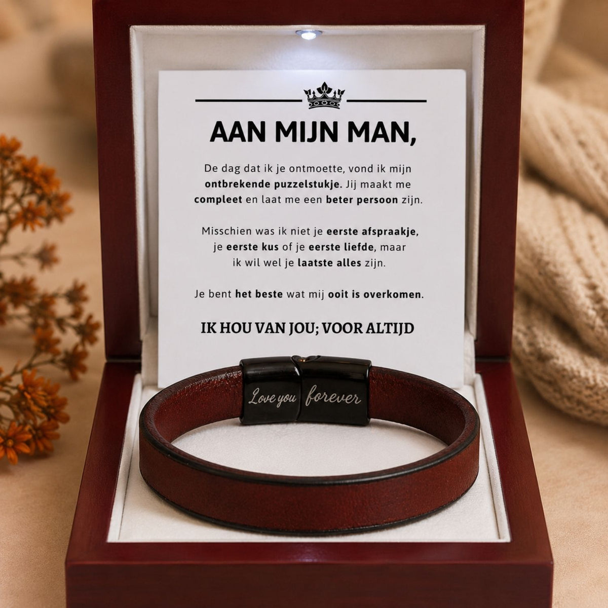 Aan mijn Man - Bruine leren armband