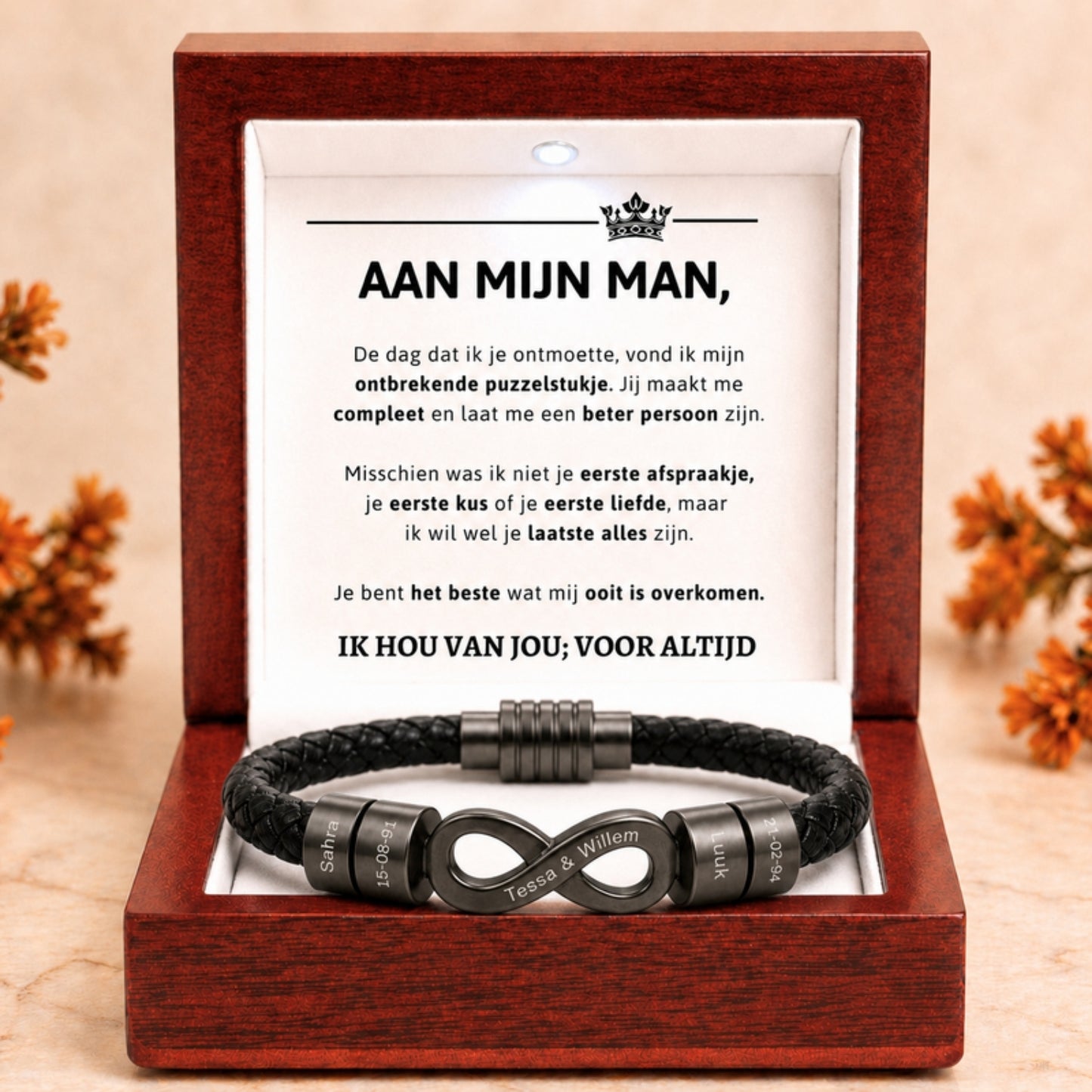 Liefdesverhaal Infinity Armband met Gravure - Voor mijn man, ik hou van jou voor altijd