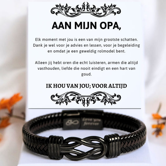 Aan mijn Opa - Zwart infinity armband - Ik hou van jou; voor altijd