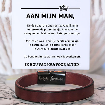 Aan mijn Man - Bruine leren armband