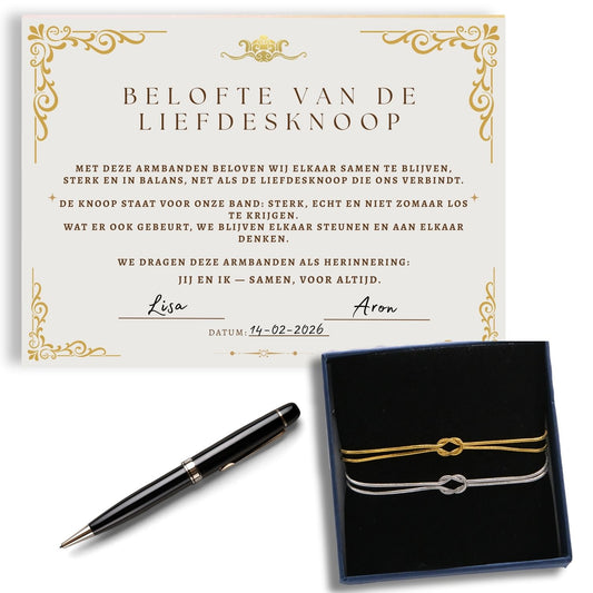 Set van 2 Liefdesknoop Armbanden – Cadeauverpakking met Beloftecertificaat