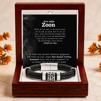 Aan mijn Zoon - Gevlochten zwarte armband met bedels - Het meest trotse moment