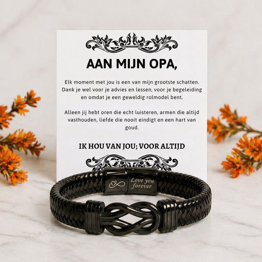 Aan mijn Opa - Zwart infinity armband - Ik hou van jou; voor altijd
