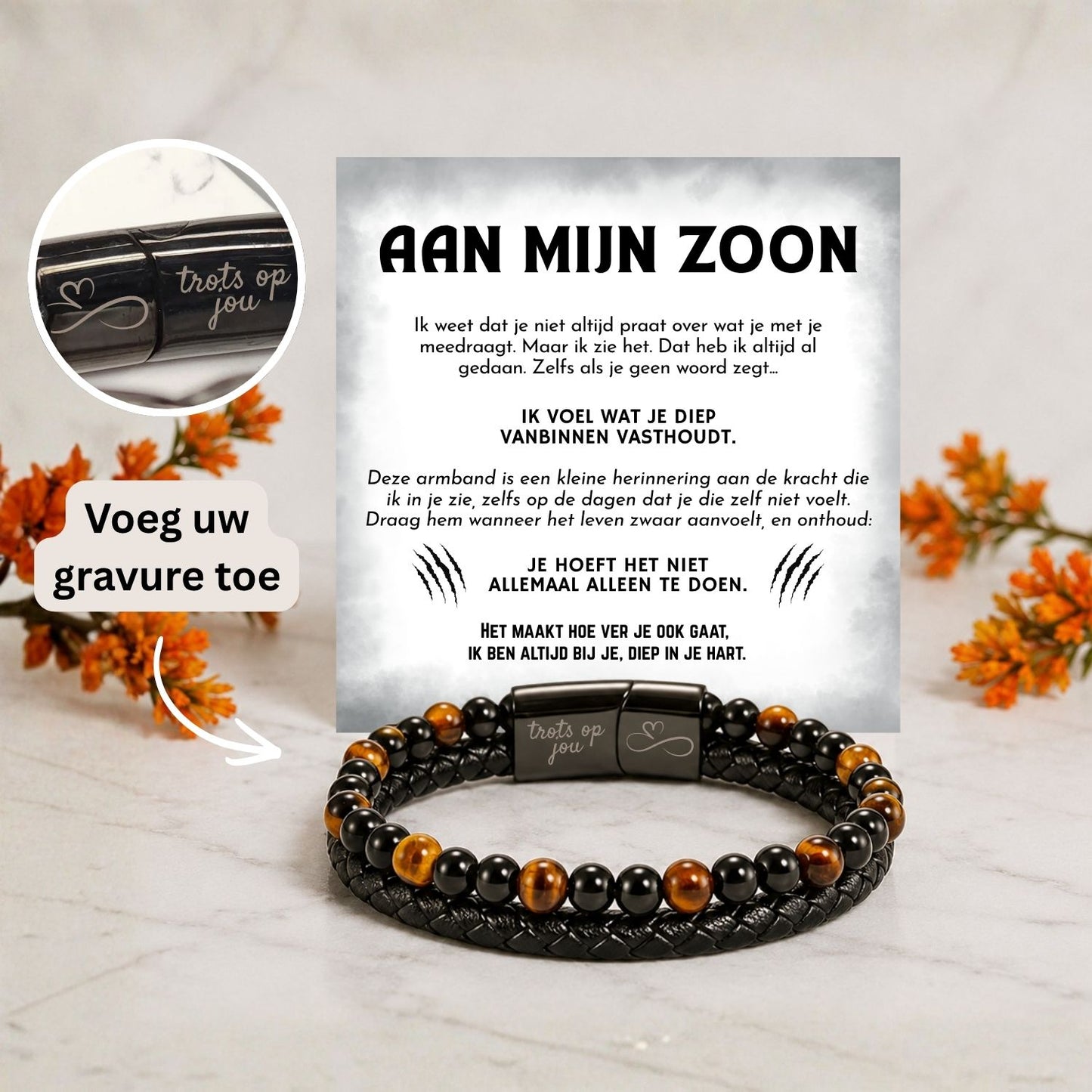 Aan mijn Zoon - Tijgeroog armband met Gravure - Ik ben altijd bij je