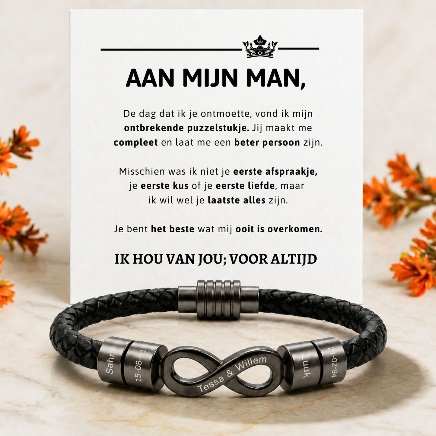 Liefdesverhaal Infinity Armband met Gravure - Voor mijn man, ik hou van jou voor altijd