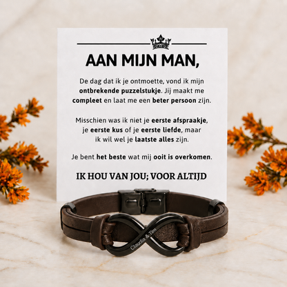 Infinity Dual Name (Verstelbaar) - Leren Armband bruin met Gravure - Aan Mijn Man