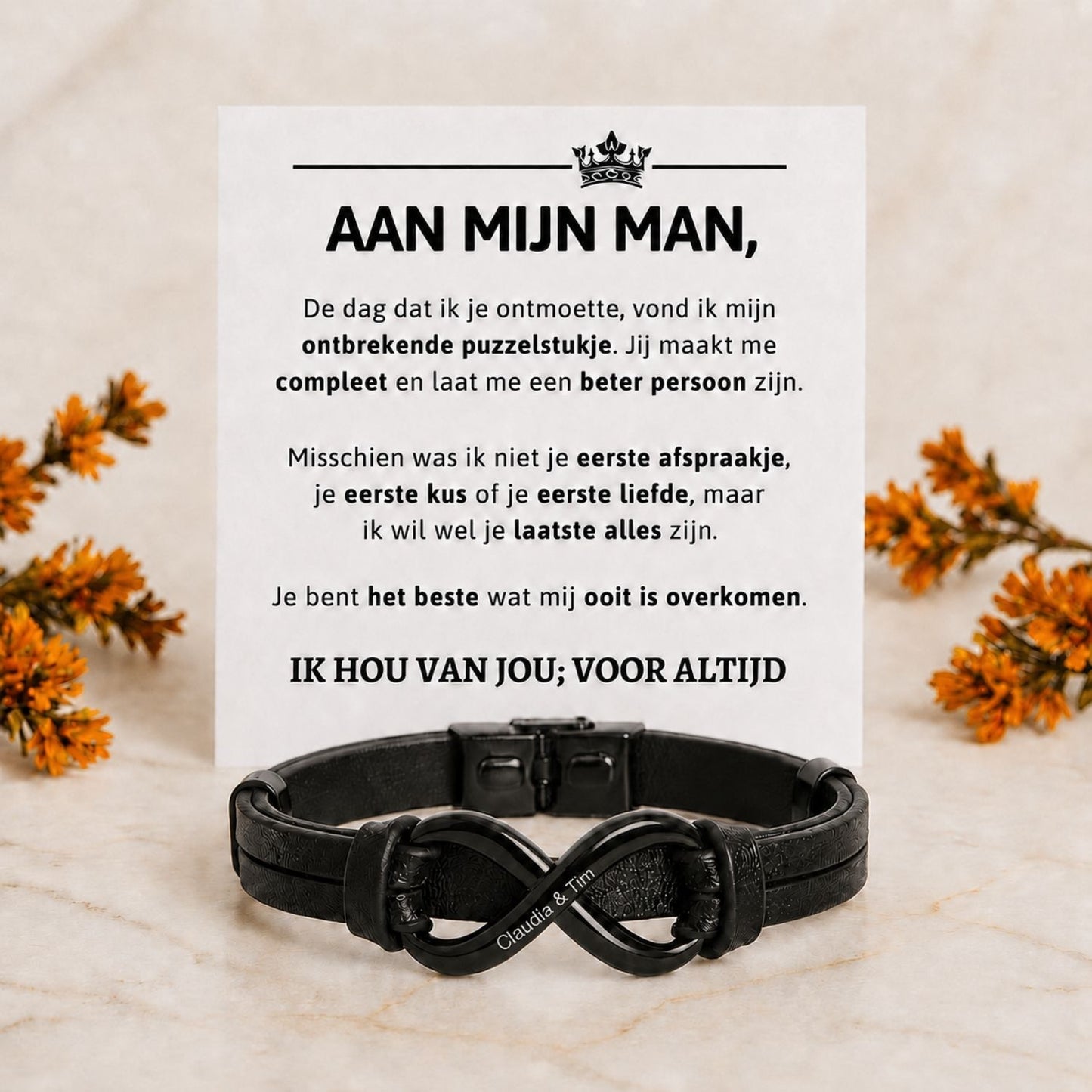 Infinity Dual Name (Verstelbaar) - Leren Armband bruin met Gravure - Aan Mijn Man