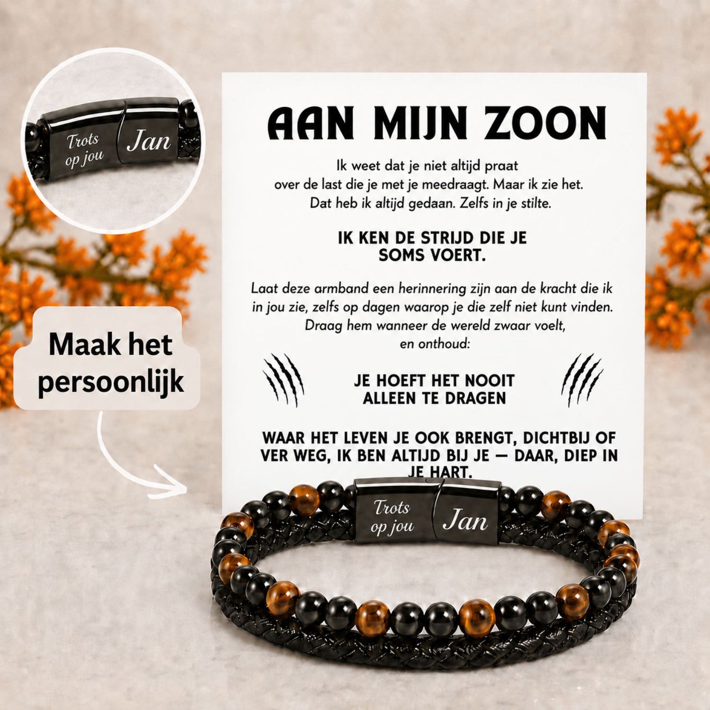 Aan mijn Zoon -  Tijgeroog armband met gravure - Ik ken de strijd die je soms voert -