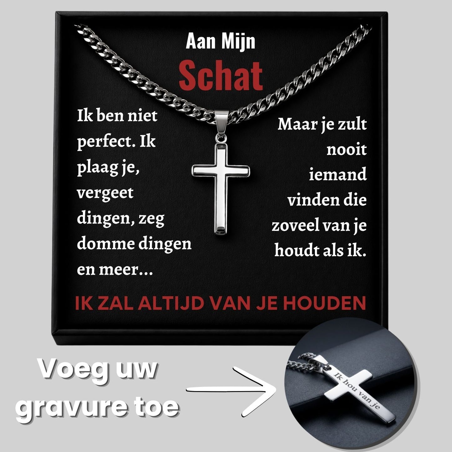 Aan Mijn Schat- Zilveren Kruis Ketting met Gravure