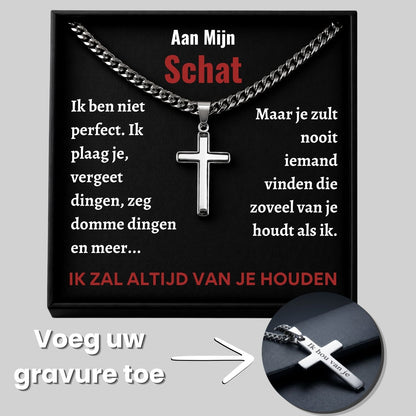 Aan Mijn Schat- Zilveren Kruis Ketting met Gravure