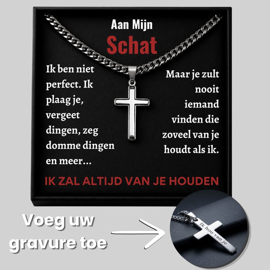 Aan Mijn Schat- Zilveren Kruis Ketting met Gravure